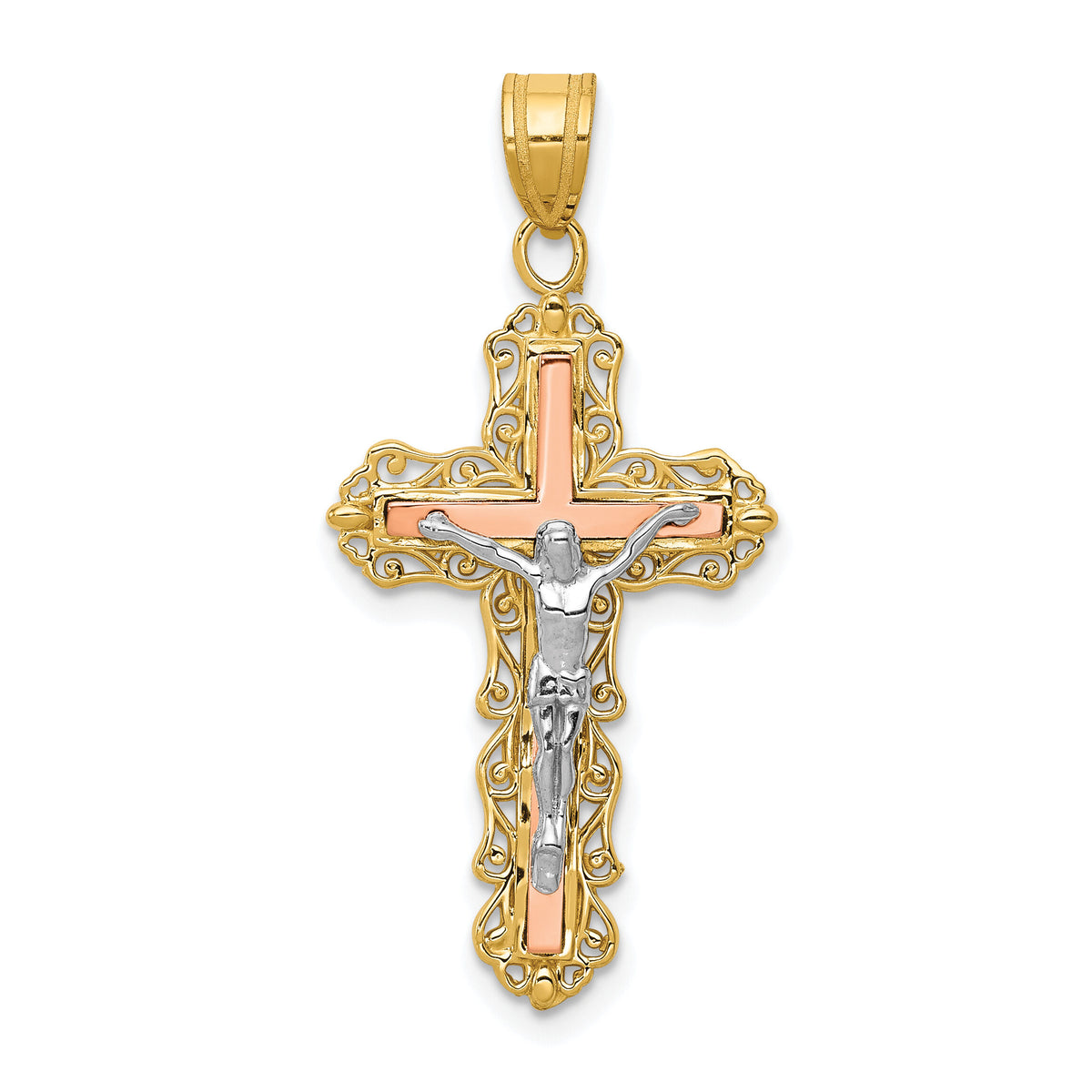 14K Tri-color Diamond-cut Crucifix Pendant-D3644