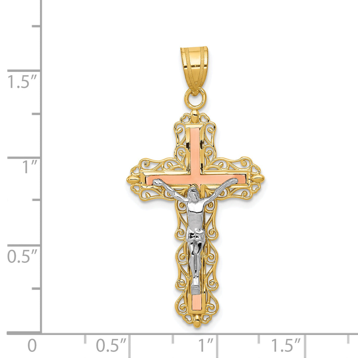 14K Tri-color Diamond-cut Crucifix Pendant-D3645