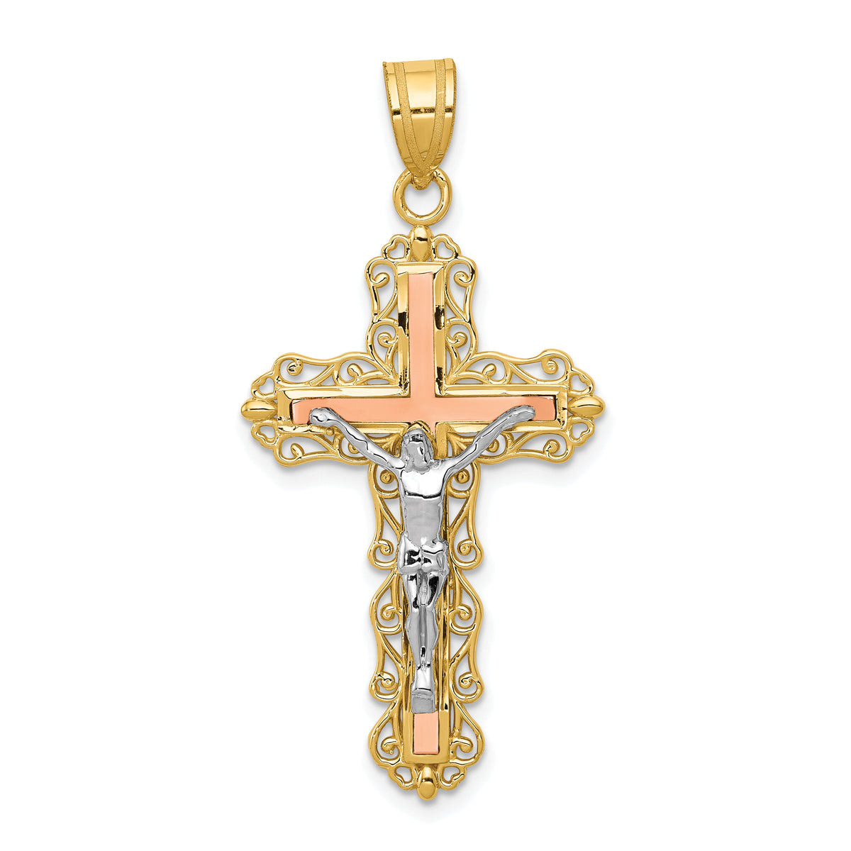 14K Tri-color Diamond-cut Crucifix Pendant-D3645
