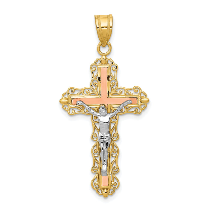 14K Tri-color Diamond-cut Crucifix Pendant-D3645