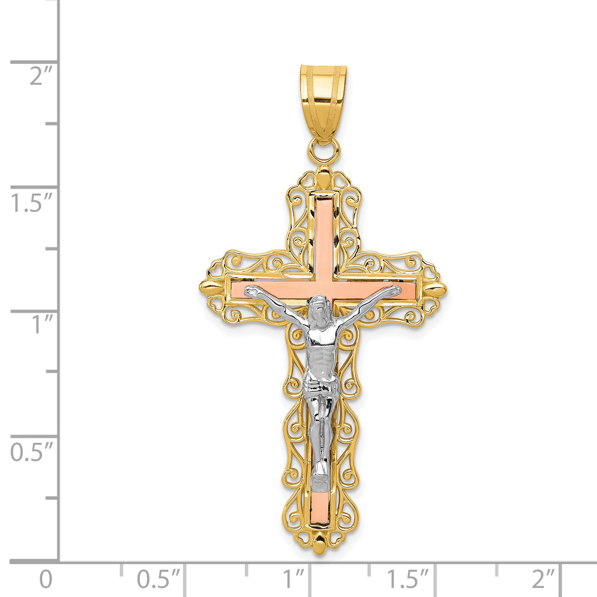 14K Tri-color Diamond-cut Crucifix Pendant-D3646