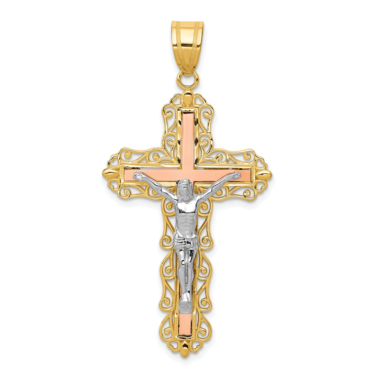 14K Tri-color Diamond-cut Crucifix Pendant-D3646