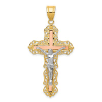 14K Tri-color Diamond-cut Crucifix Pendant-D3646
