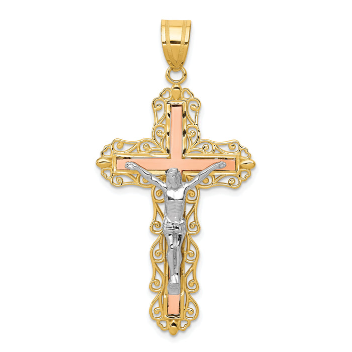 14K Tri-color Diamond-cut Crucifix Pendant-D3646