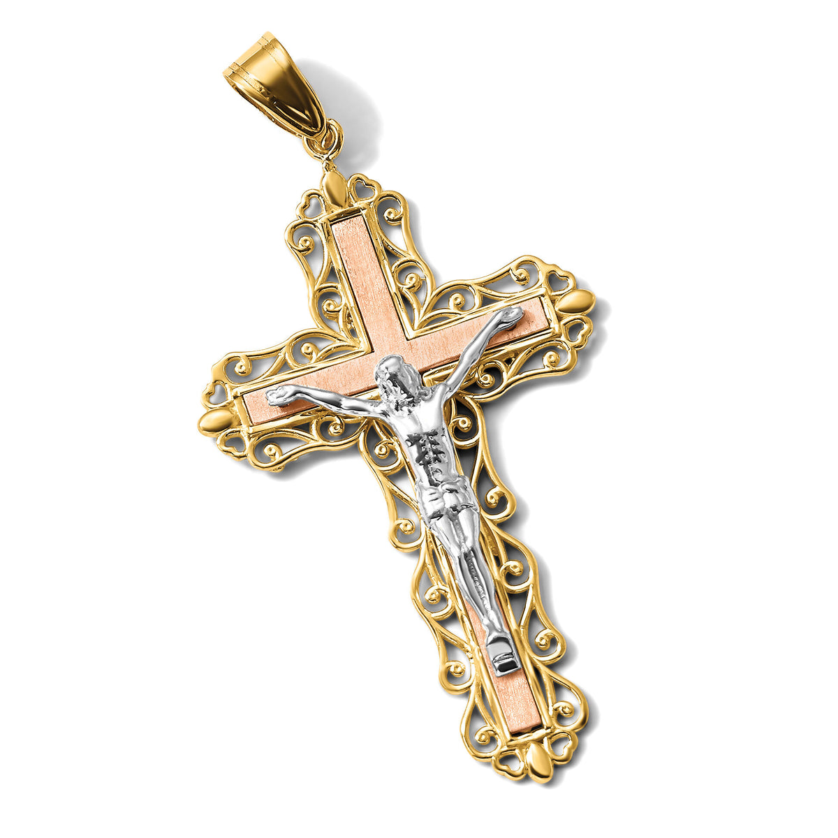 14K Tri-color Diamond-cut Crucifix Pendant-D3647