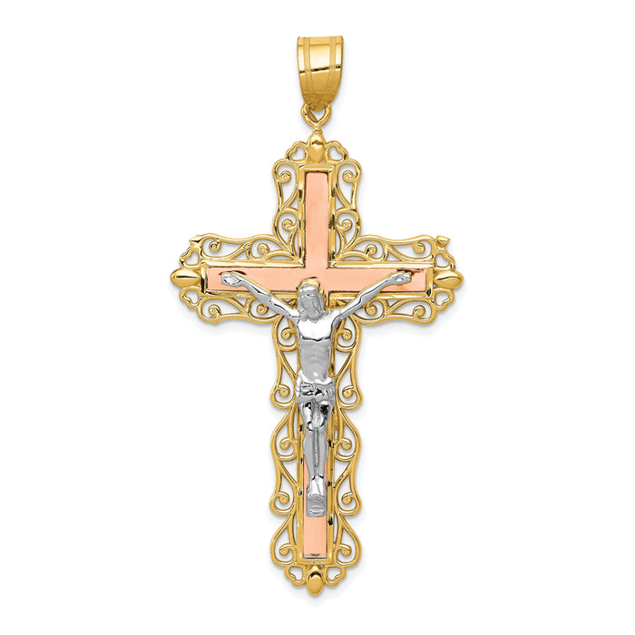 14K Tri-color Diamond-cut Crucifix Pendant-D3647