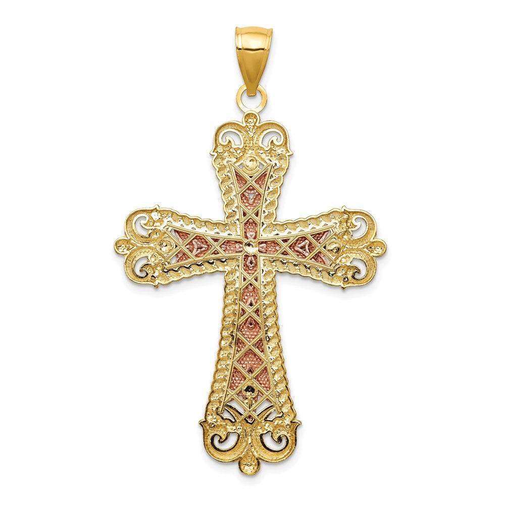 14K Tri-Color W/ White Rhodium Crucifix Cross Pendant-D3653