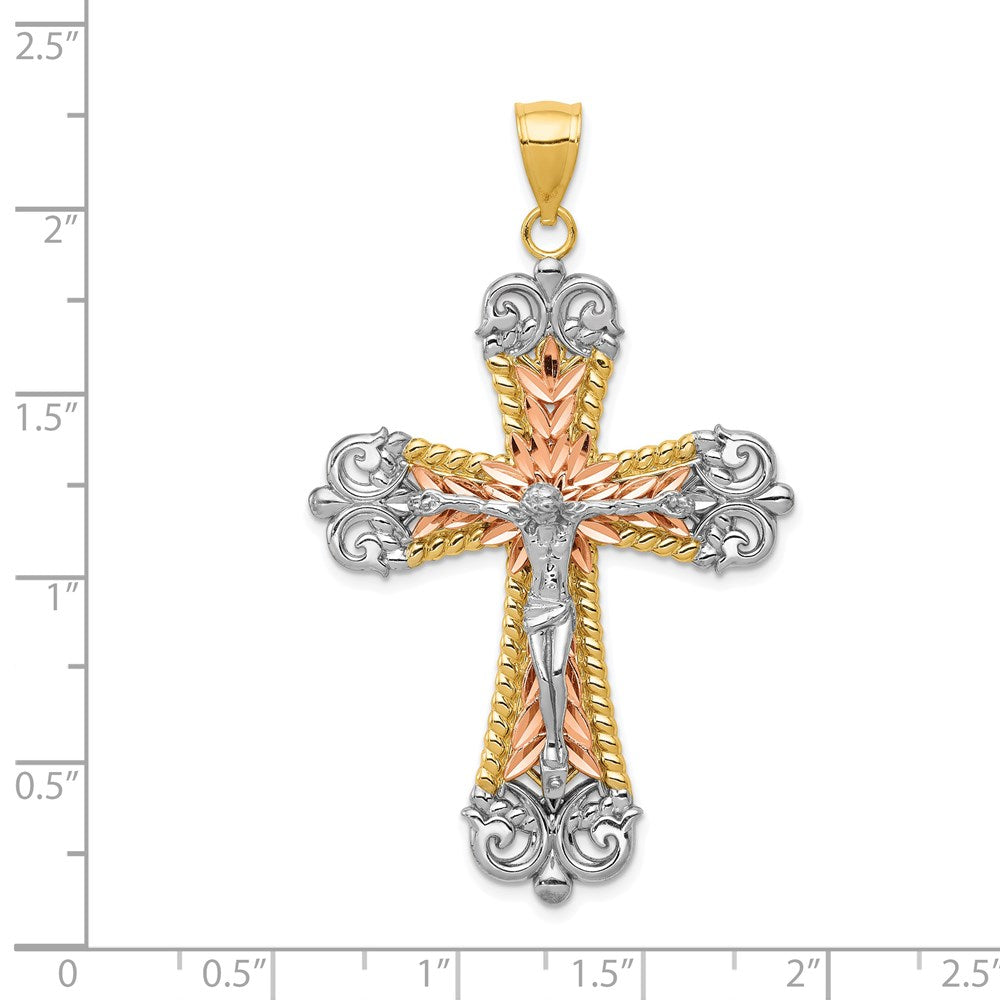 14K Tri-Color W/ White Rhodium Crucifix Cross Pendant-D3653
