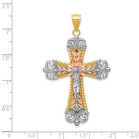 14K Tri-Color W/ White Rhodium Crucifix Cross Pendant-D3653