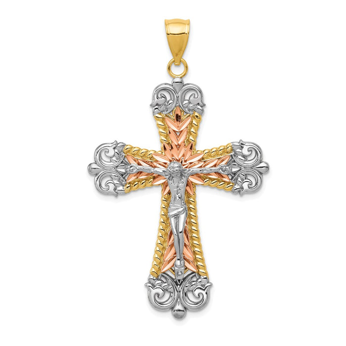 14K Tri-Color W/ White Rhodium Crucifix Cross Pendant-D3653