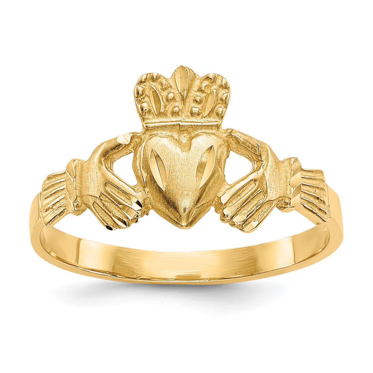 14K Satin and Diamond-cut Claddagh Ring-D3816