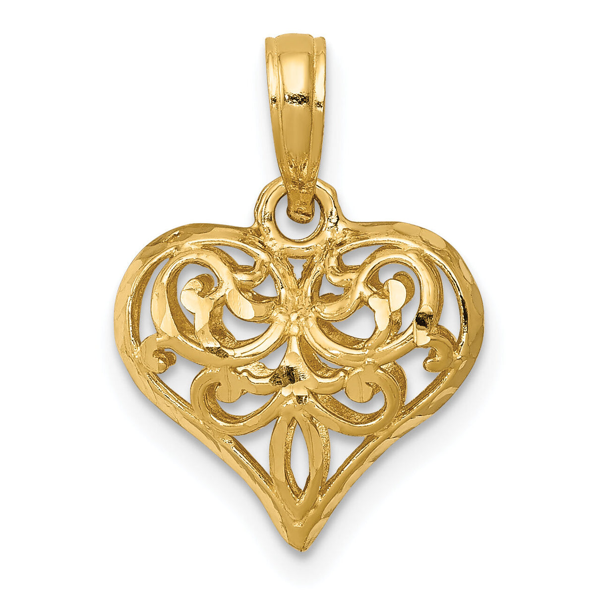 14K Polished 3-D Filigree Puffed Heart Pendant-D3819