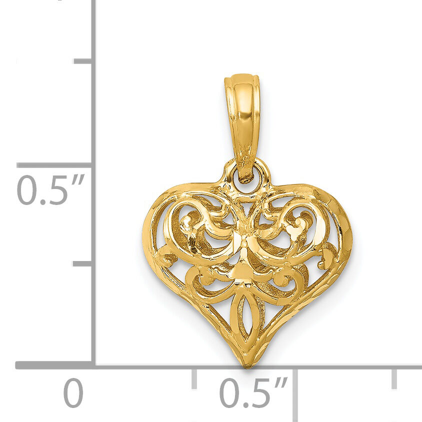 14K Polished 3-D Filigree Puffed Heart Pendant-D3819