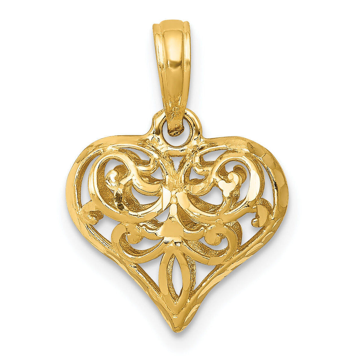 14K Polished 3-D Filigree Puffed Heart Pendant-D3819