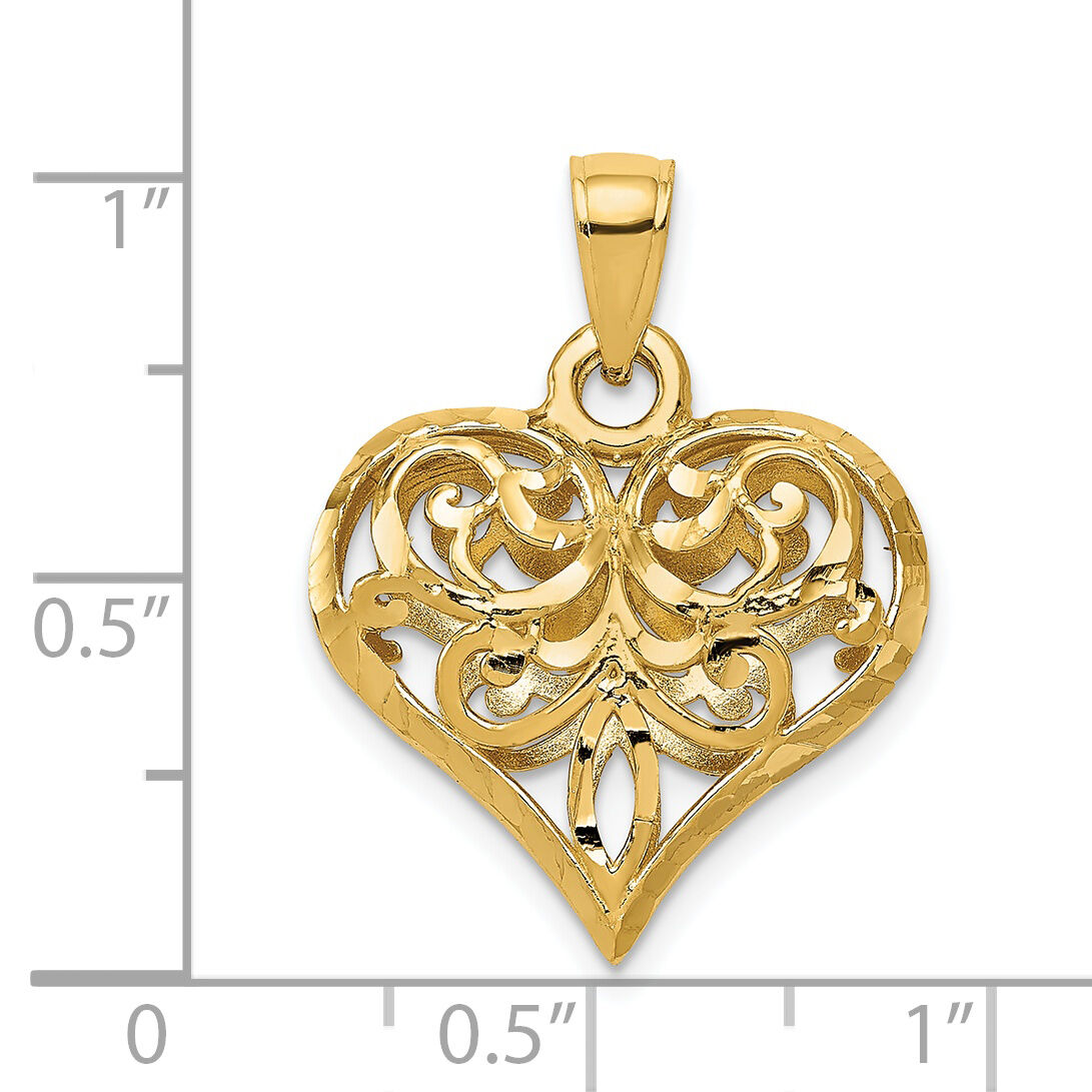 14K Polished 3-D Filigree Puffed Heart Pendant-D3820