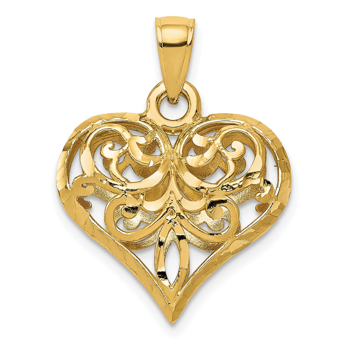 14K Polished 3-D Filigree Puffed Heart Pendant-D3820