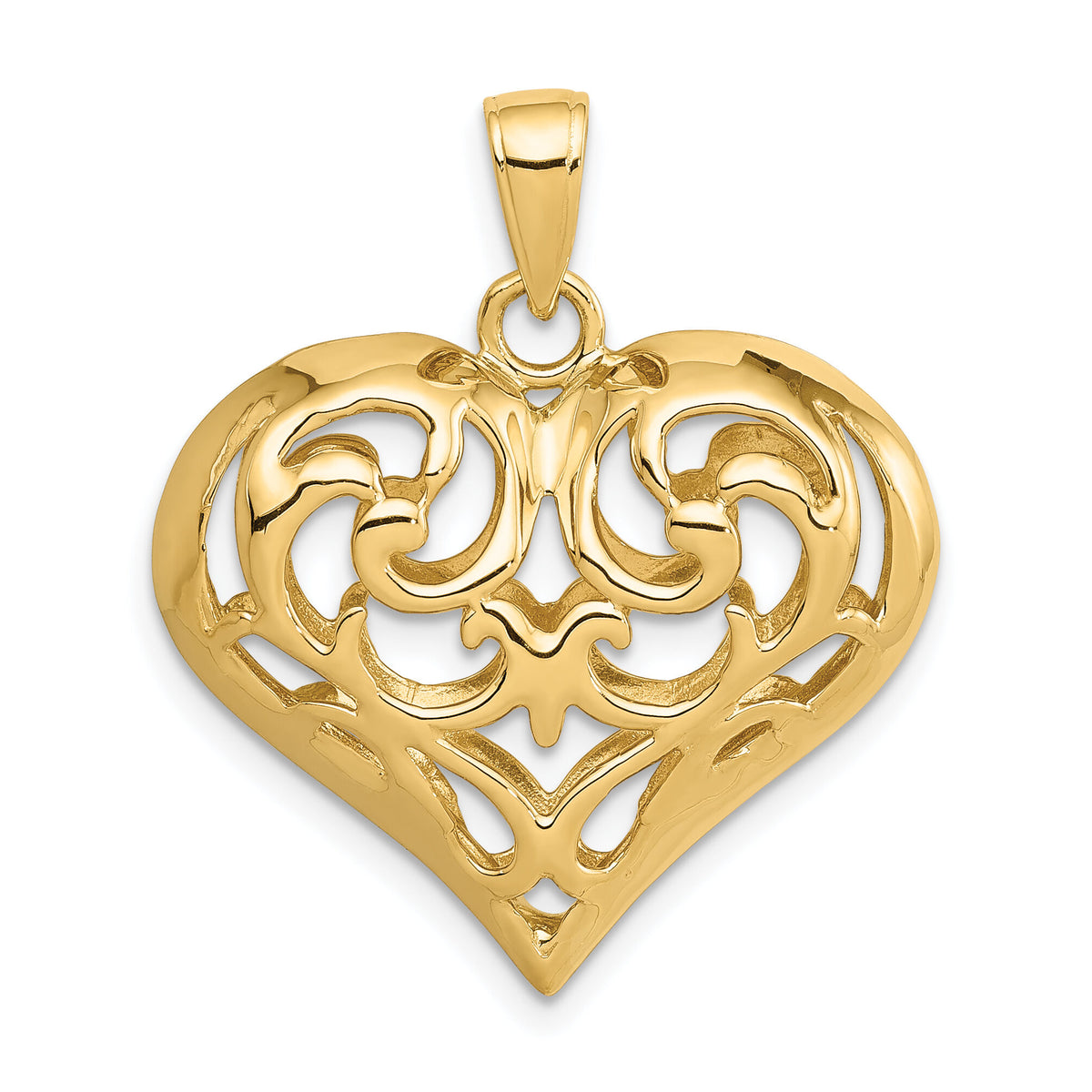 14K Polished 3-D Filigree Puffed Heart Pendant-D3821