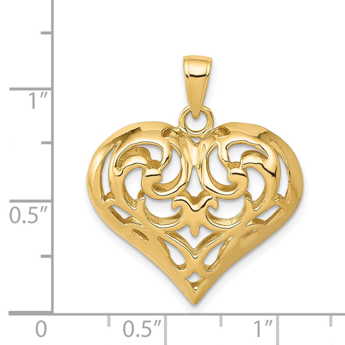 14K Polished 3-D Filigree Puffed Heart Pendant-D3821