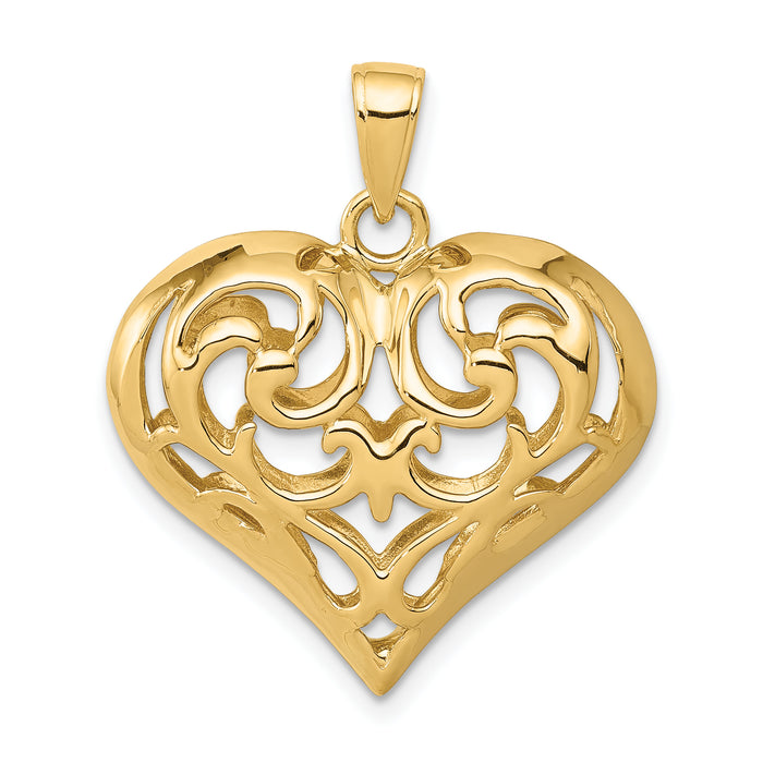 14K Polished 3-D Filigree Puffed Heart Pendant-D3821