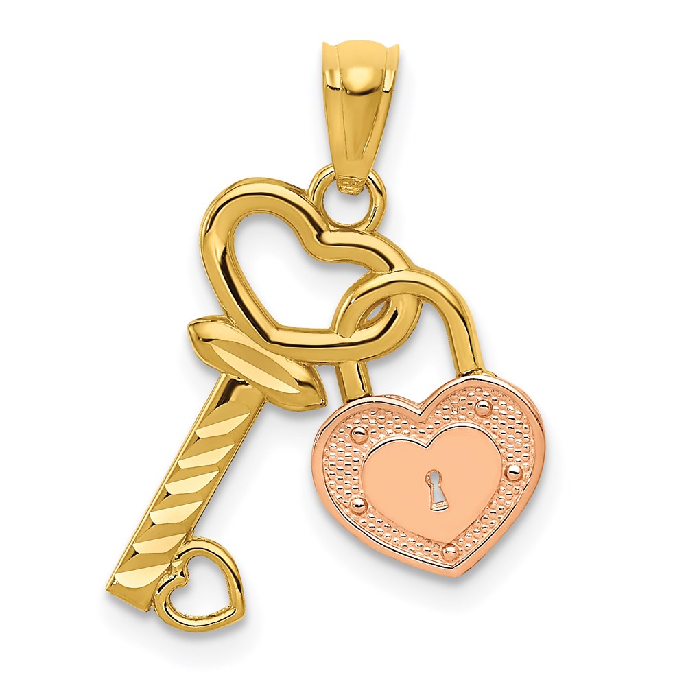 14k Two-tone Heart Lock and Key Pendant-D3849