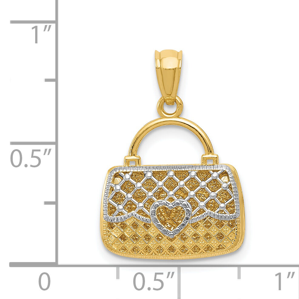 14K w/Rhodium 3D Reversible Heart Handbag Pendant-D4174