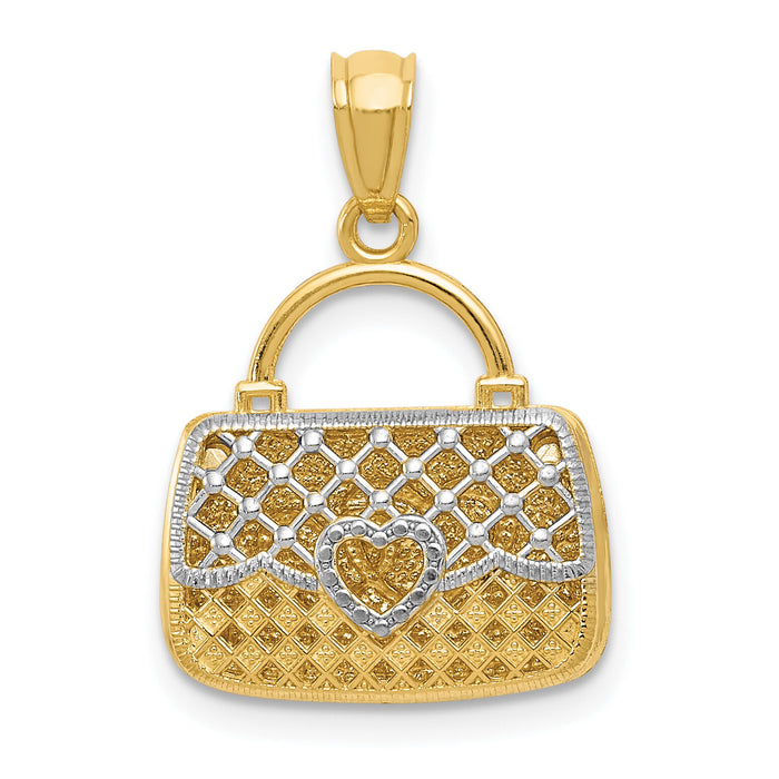 14K w/Rhodium 3D Reversible Heart Handbag Pendant-D4174
