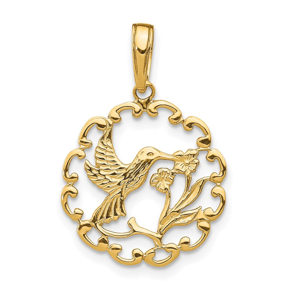 14K Hummingbird w/Flower in Frame Pendant-D4195