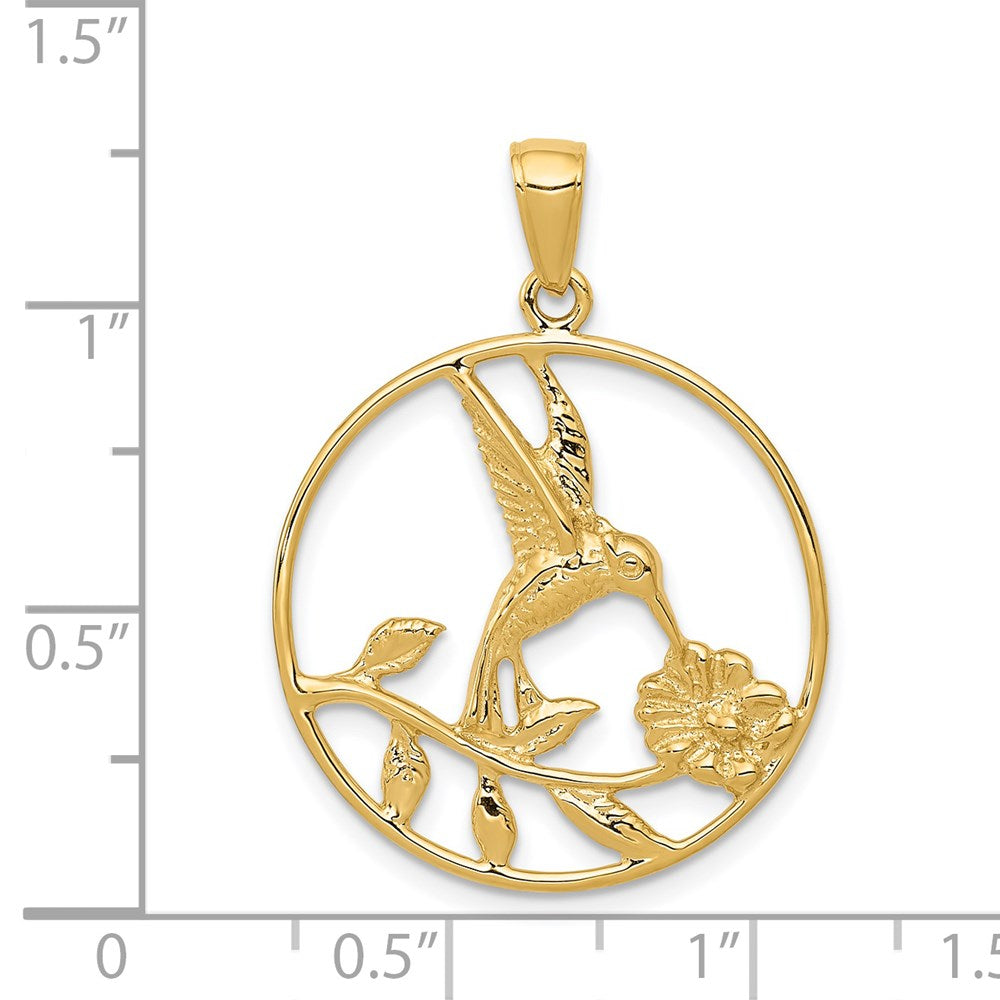 14K Hummingbird in Round Frame Pendant-D4196