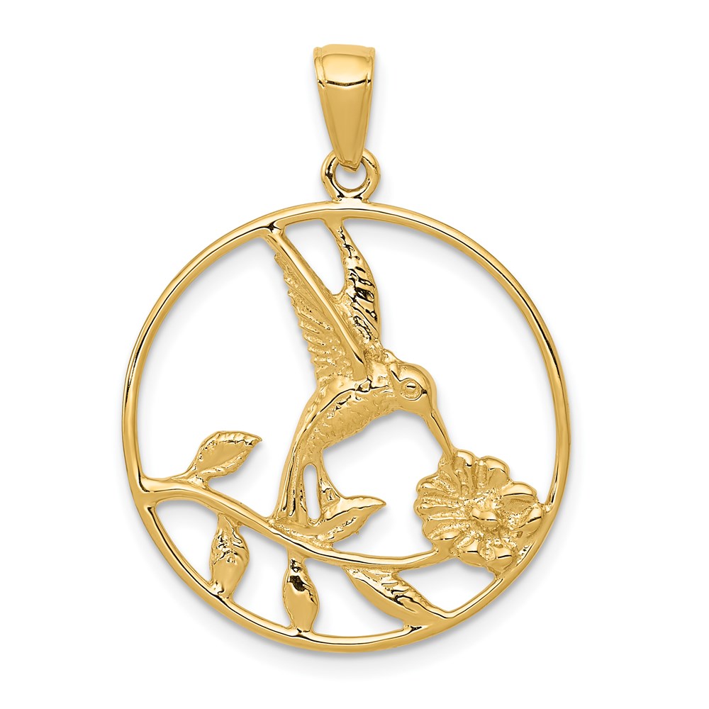 14K Hummingbird in Round Frame Pendant-D4196
