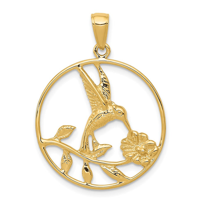 14K Hummingbird in Round Frame Pendant-D4196