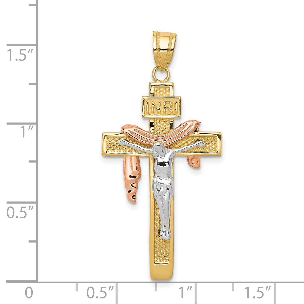 14K Tri-color Large Draped INRI Crucifix Pendant-D4322