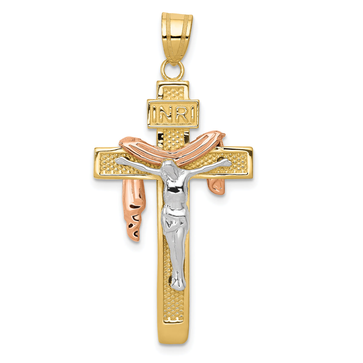 14K Tri-color Large Draped INRI Crucifix Pendant-D4322