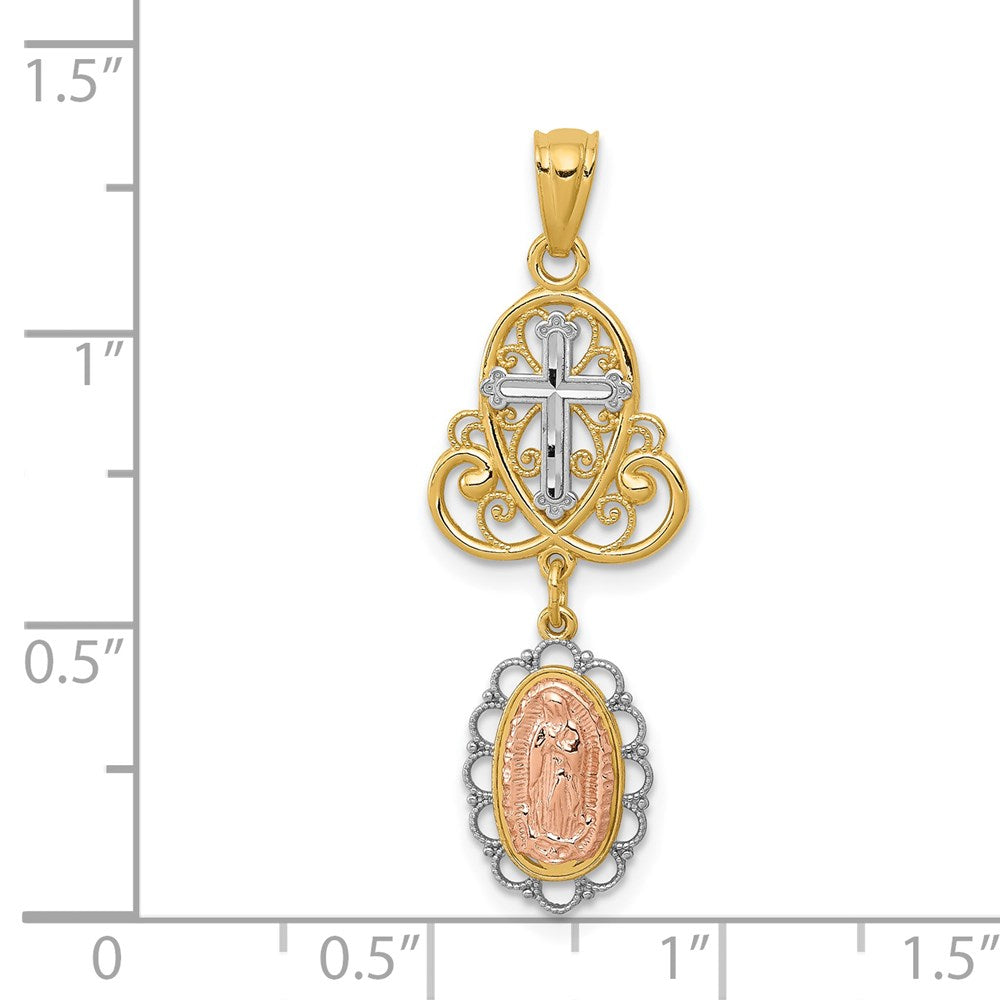 14K Two-Tone w/White Rhodium Lady Guadalupe Cross Pendant-D4349