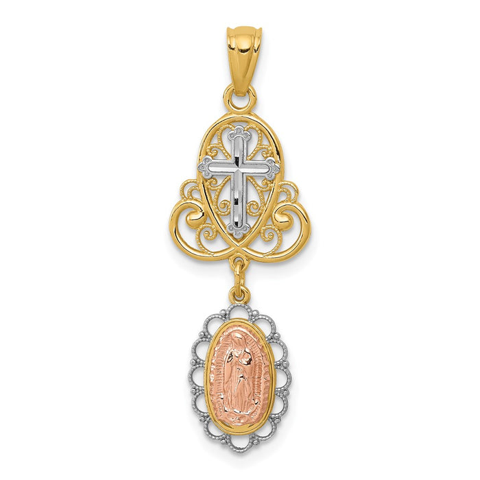 14K Two-Tone w/White Rhodium Lady Guadalupe Cross Pendant-D4349