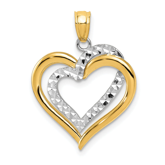 14K Two-tone Polished Diamond-cut Intertwined Hearts Pendant-D4354
