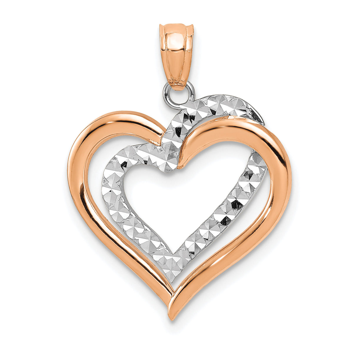 14K Two-tone Polished Diamond-cut Intertwined Hearts Pendant-D4355
