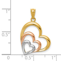 14K Two-tone and White Rhodium Polished 3 Hearts Pendant-D4356