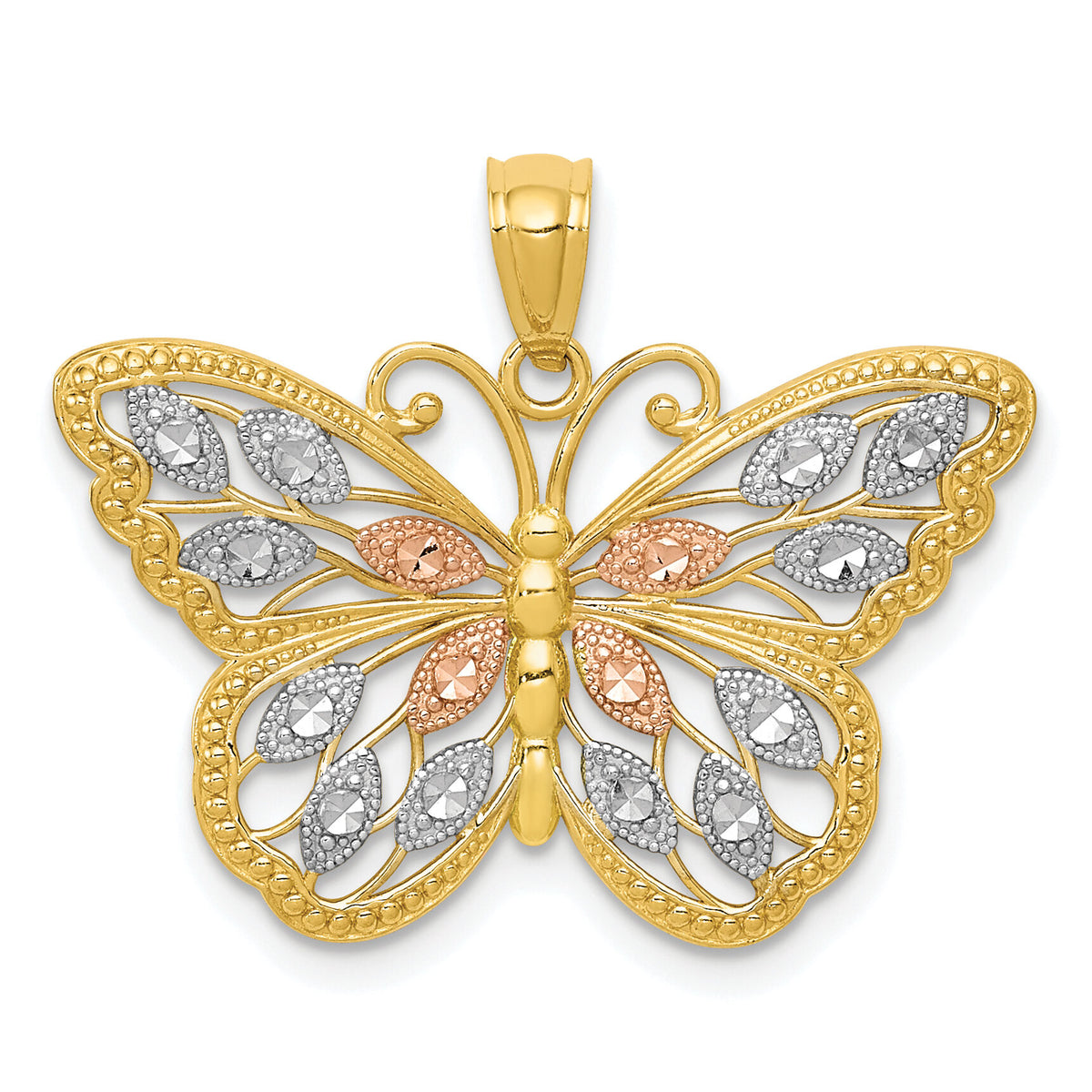 14k w/White and Rose Rhodium Diamond-cut Butterfly Pendant-D4380
