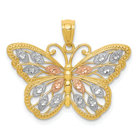 14k w/White and Rose Rhodium Diamond-cut Butterfly Pendant-D4380