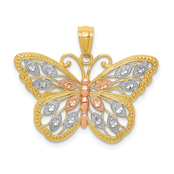 14k w/White and Rose Rhodium Diamond-cut Butterfly Pendant-D4380