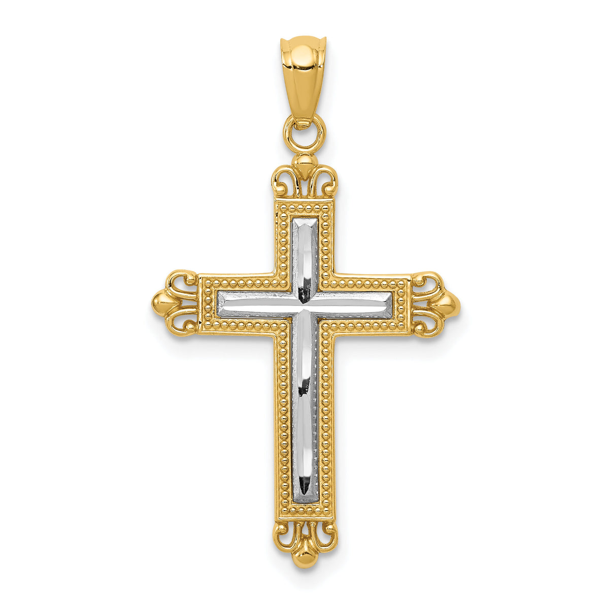 14K w/Rhodium Diamond Cut Cross Pendant-D4414