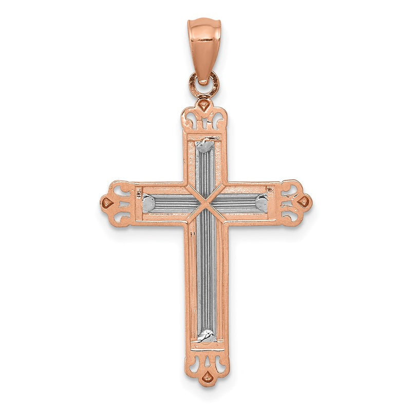 14K Rose Gold w/Rhodium Diamond-Cut Cross Pendant-D4417