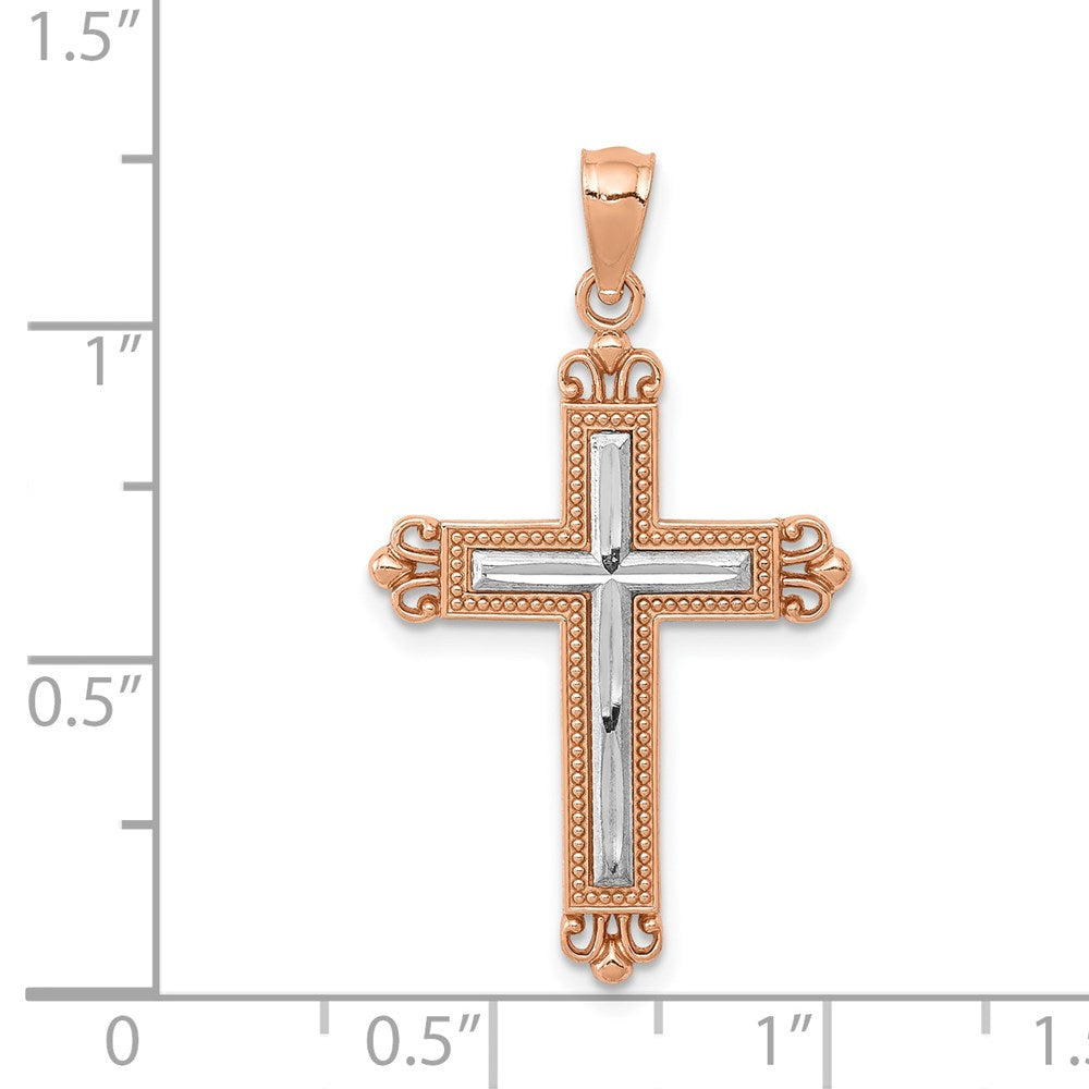 14K Rose Gold w/Rhodium Diamond-Cut Cross Pendant-D4417