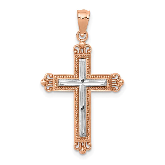 14K Rose Gold w/Rhodium Diamond-Cut Cross Pendant-D4417