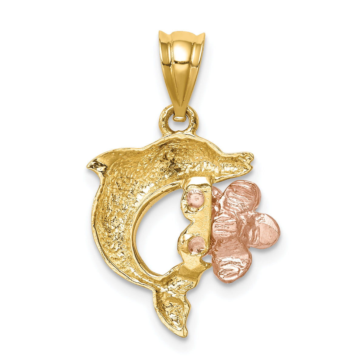 14K Two-tone Brushed/Polished Diamond-cut Plumeria w/Dolphin Pendant-D4493