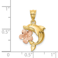 14K Two-tone Brushed/Polished Diamond-cut Plumeria w/Dolphin Pendant-D4493