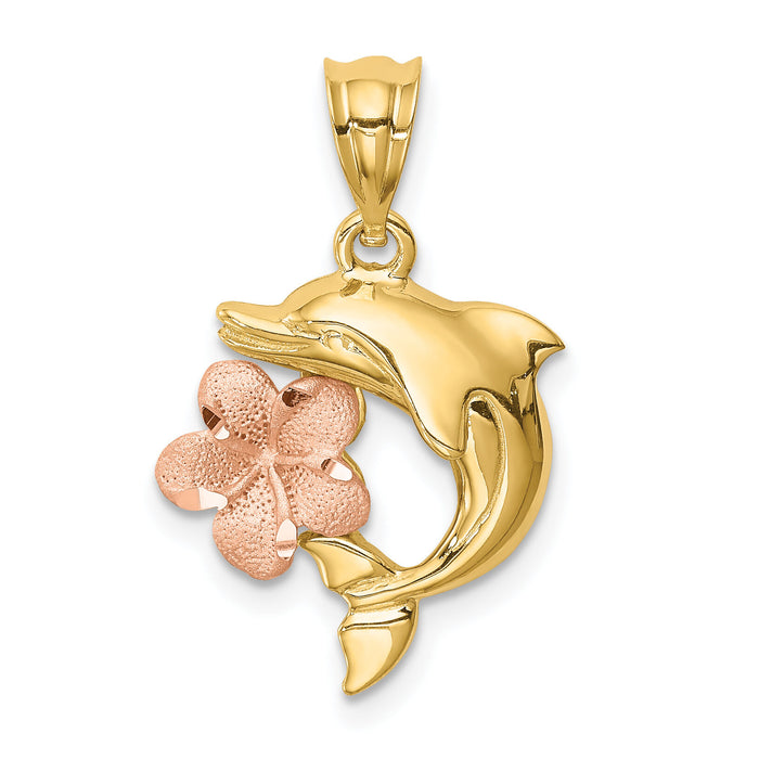 14K Two-tone Brushed/Polished Diamond-cut Plumeria w/Dolphin Pendant-D4493