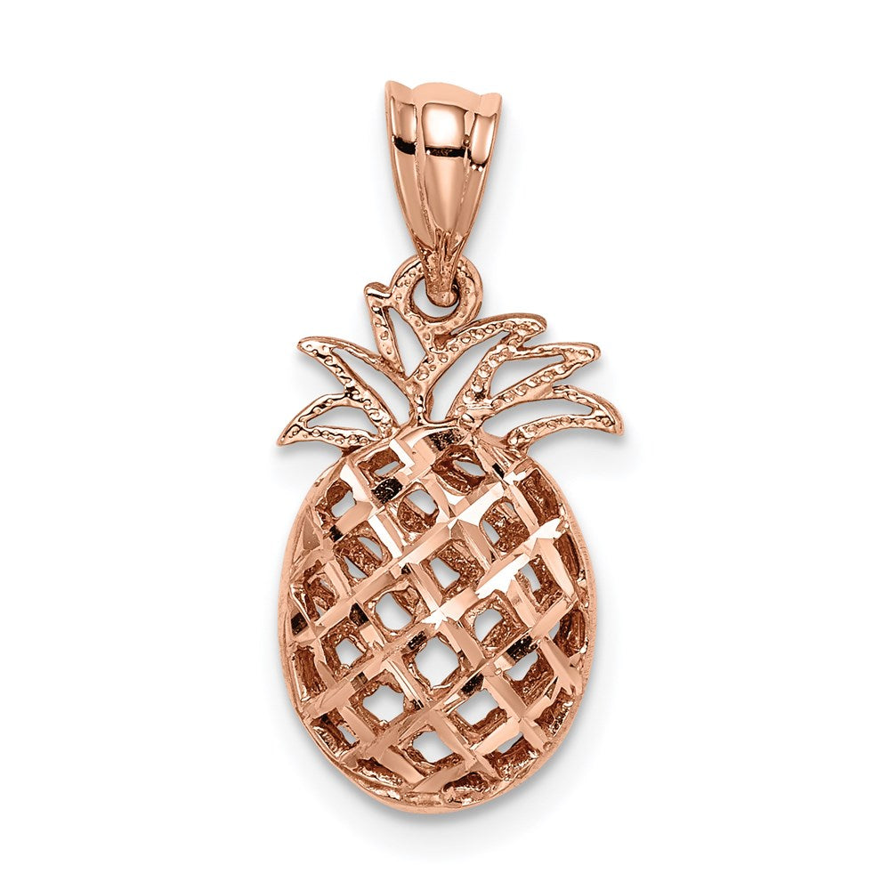 14K Rose Polished & Diamond-cut 3D Pineapple Pendant-D4534