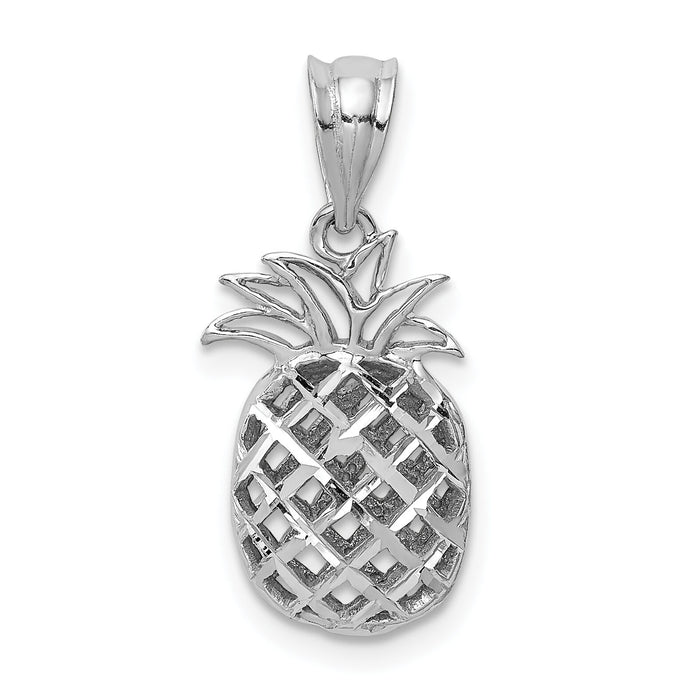 14K White Polished & Diamond-cut 3D Pineapple Pendant-D4536