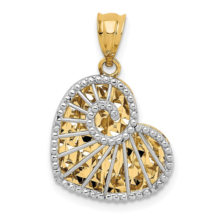 14K Two-tone Polished and Diamond-cut Hollow Heart Pendant-D4561
